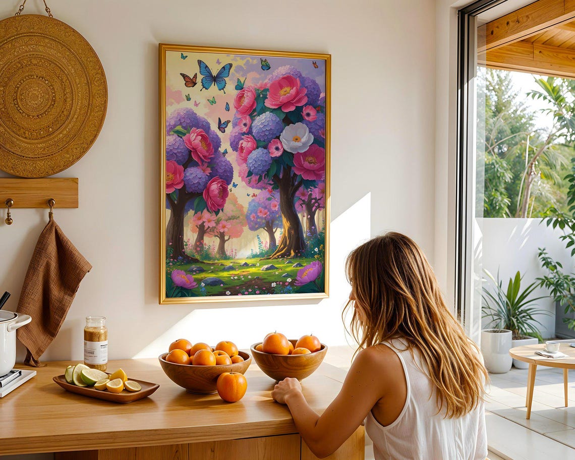 Enchanted Garden Wall Art Fairy Tale Forest Print Colorful Flower Trees Painting Whimsical Nature Decor Magical Butterfly Artwork - Image 2