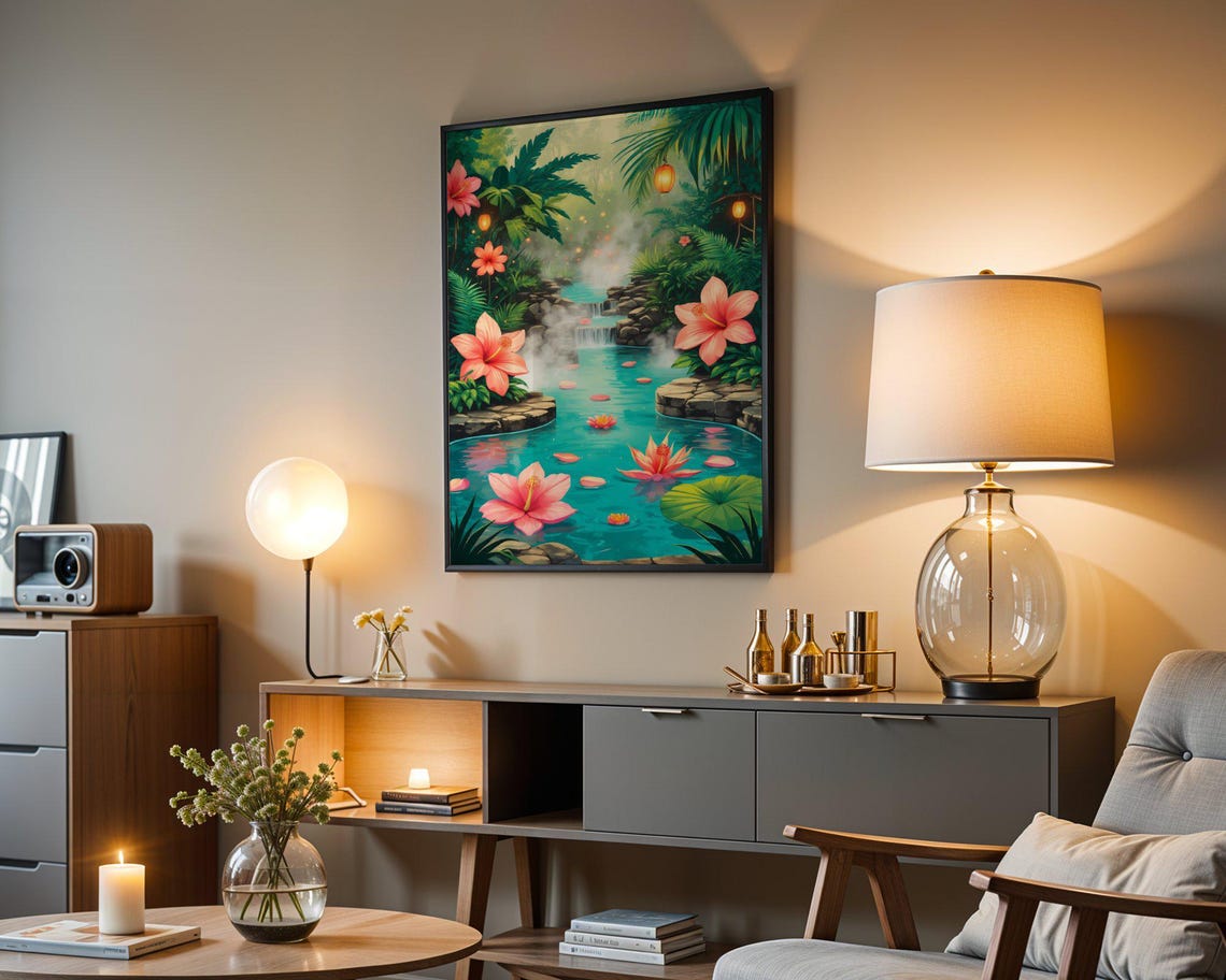 Tropical Waterfall Pool With Pink Hibiscus And Hanging Lanterns Poster - Image 3