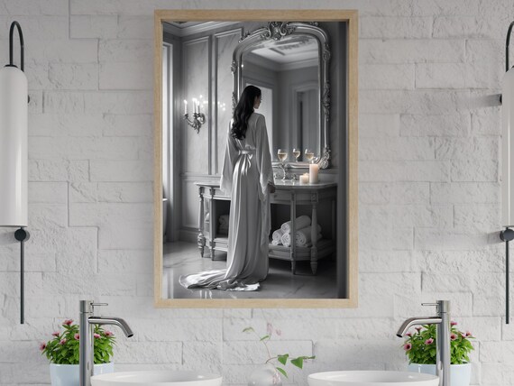 Woman in a Satin Robe Before an Ornate Mirror in Monochrome Poster