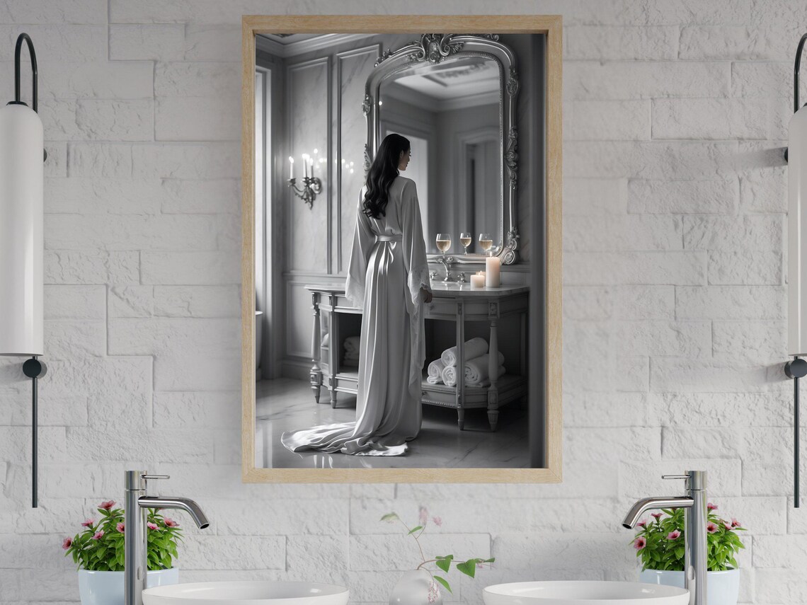 Woman in a Satin Robe Before an Ornate Mirror in Monochrome Poster
