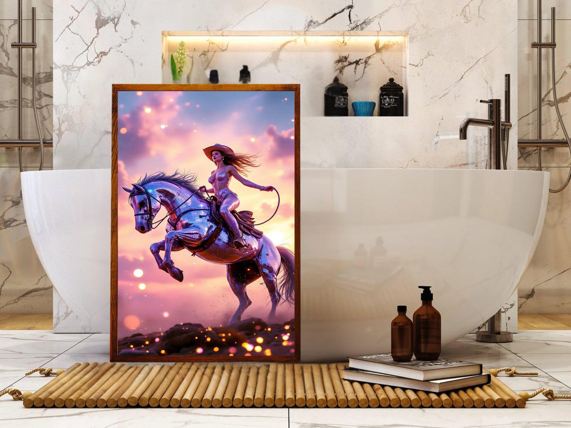 Cowgirl Riding Metallic Disco Horse Leaping At Sunset Poster - Image 2