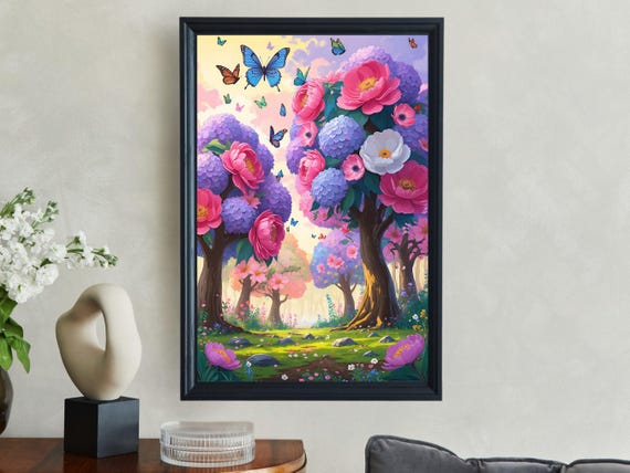 Enchanted Garden Wall Art Fairy Tale Forest Print Colorful Flower Trees Painting Whimsical Nature Decor Magical Butterfly Artwork