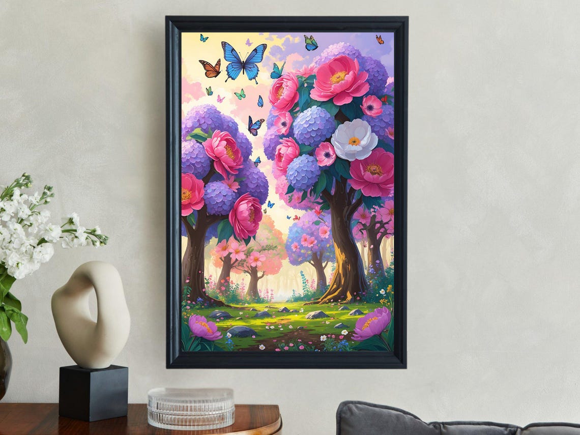 Enchanted Garden Wall Art Fairy Tale Forest Print Colorful Flower Trees Painting Whimsical Nature Decor Magical Butterfly Artwork