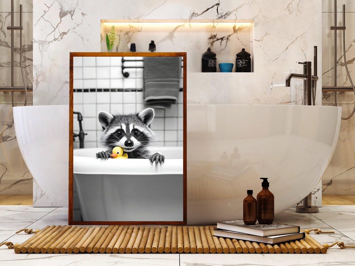 Adorable Baby Raccoon Peeking Over the Bathtub With a Rubber Duck Poster - Image 5