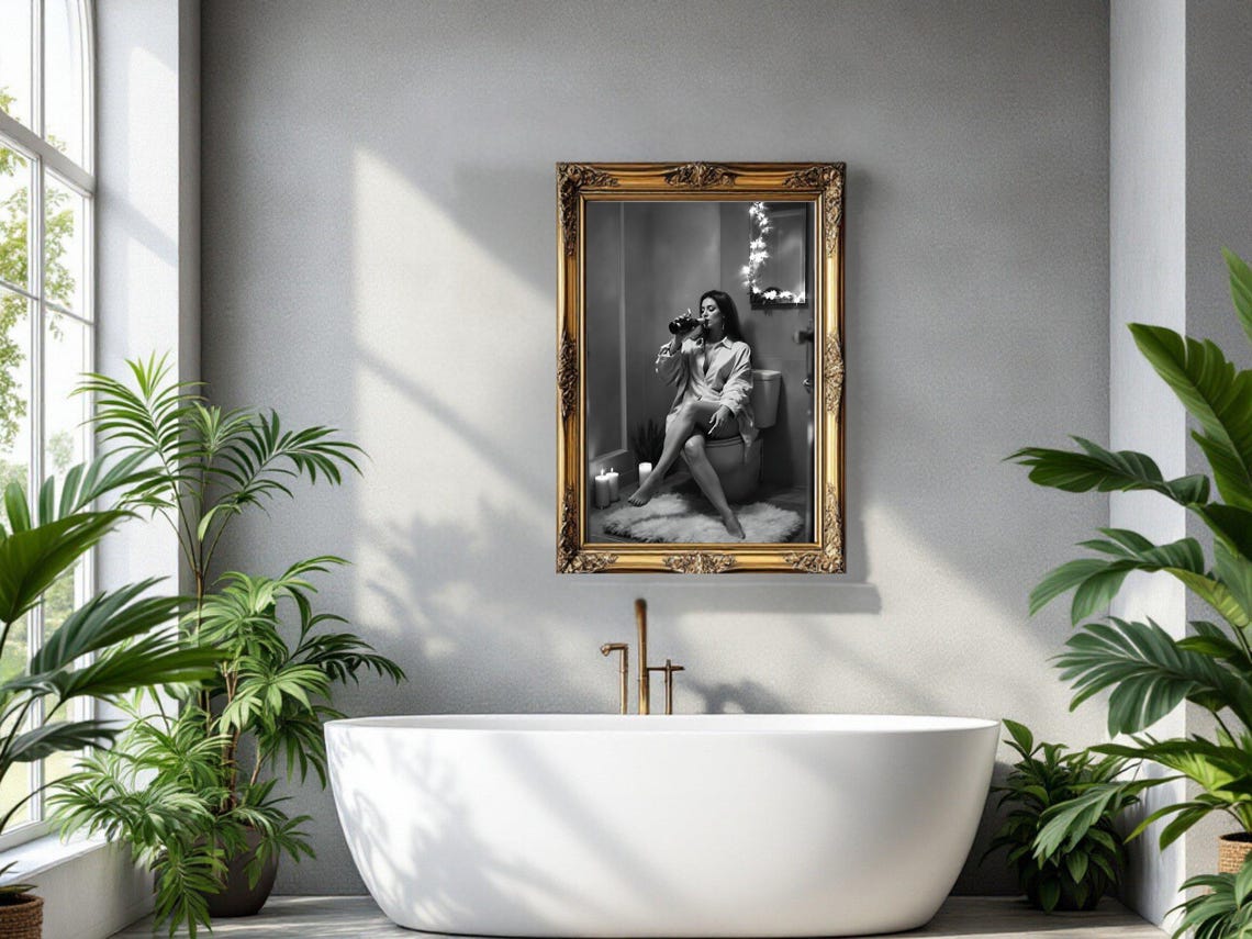 Woman Drinking From A Bottle In A Cozy Candlelit Bathroom Poster - Image 2