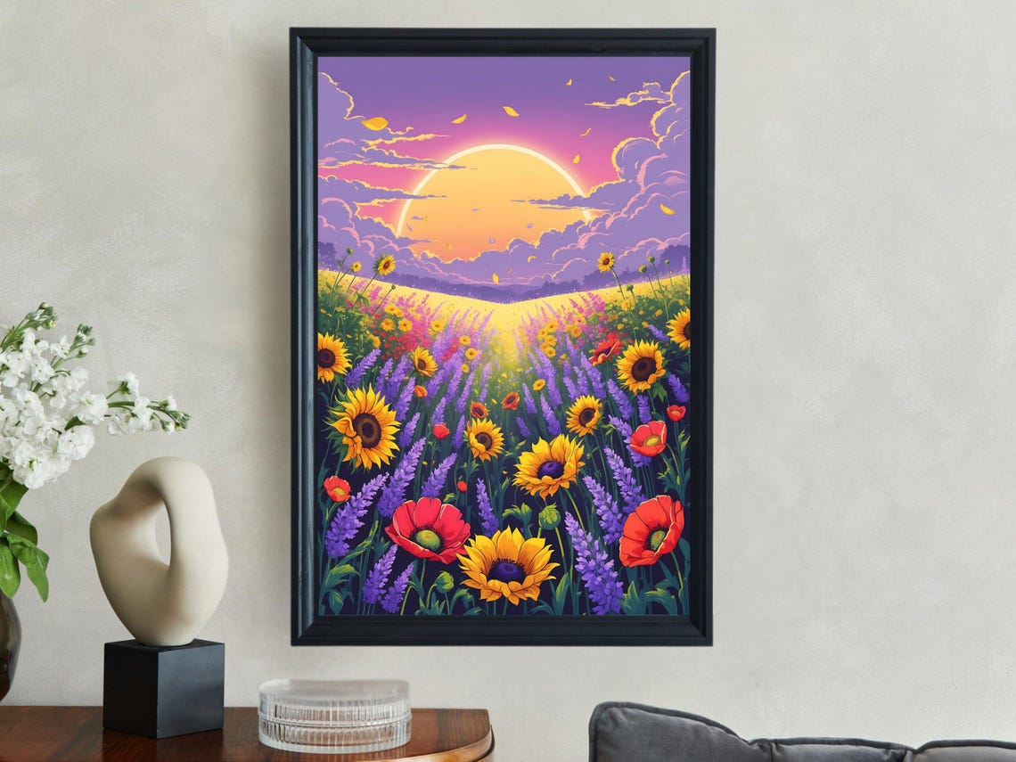 Sunset Over A Wildflower Meadow With Sunflowers And Lavender Poster