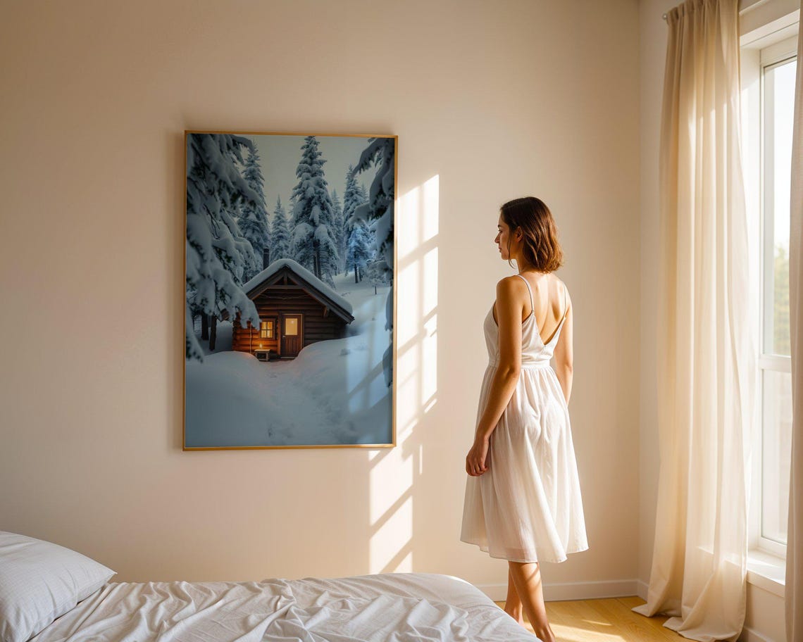 Snowy Log Cabin With Warm Glow in Winter Forest at Dusk Poster - Image 2