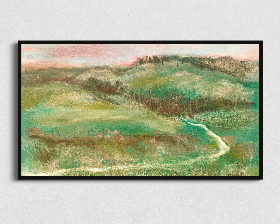 Green Hills Winding Path Pink Sky Impressionist Landscape Poster