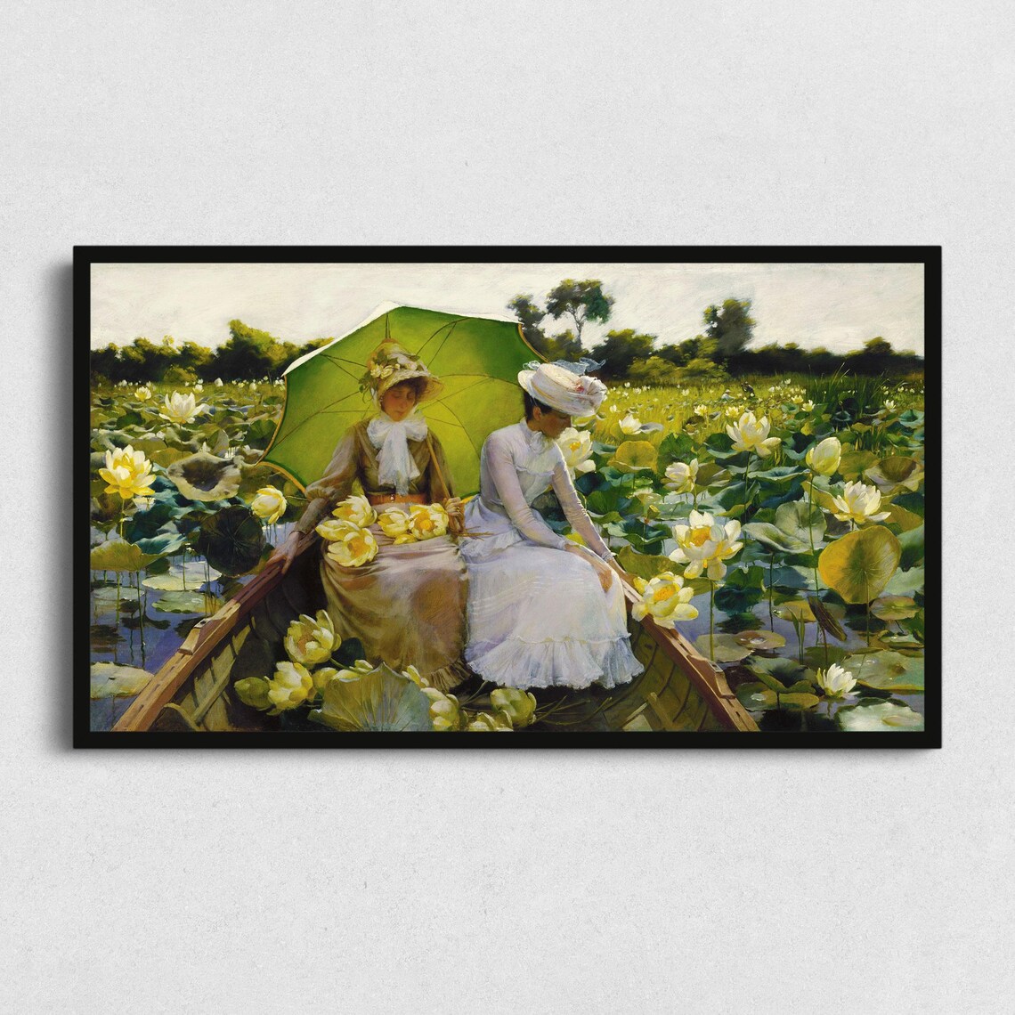 Lotus Lilies Boat Ride Sunlit Vintage Painting Panoramic Poster