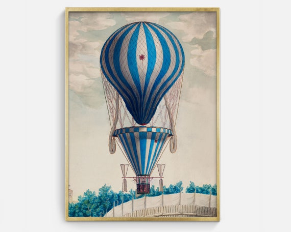 Blue Striped Hot Air Balloon Art Vintage Print Of Balloon Antique Transportation Art Gifts For Men Art For Baby Boys Room