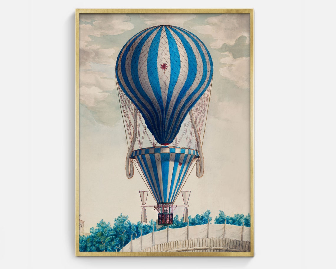 Blue Striped Hot Air Balloon Art Vintage Print Of Balloon Antique Transportation Art Gifts For Men Art For Baby Boys Room