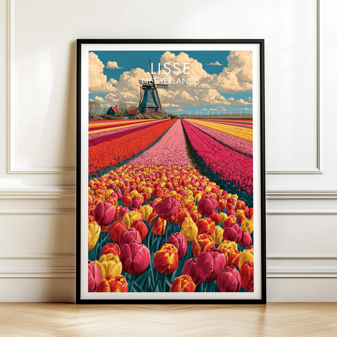 Lisse Netherlands Vintage Travel Poster Tulip Fields Windmill Art