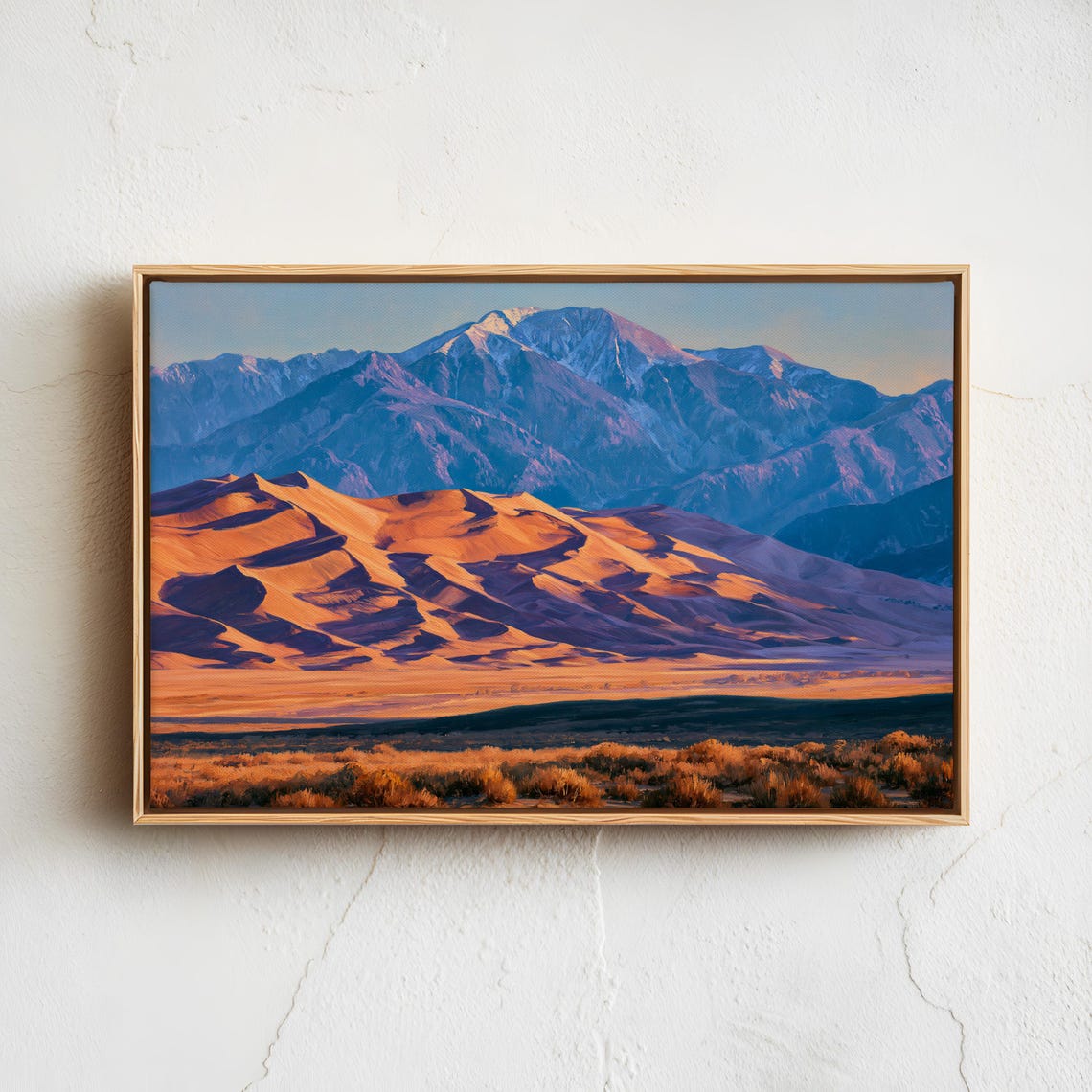 Tall Golden Sand Dunes Beneath Snow Capped Mountains Sunset Poster