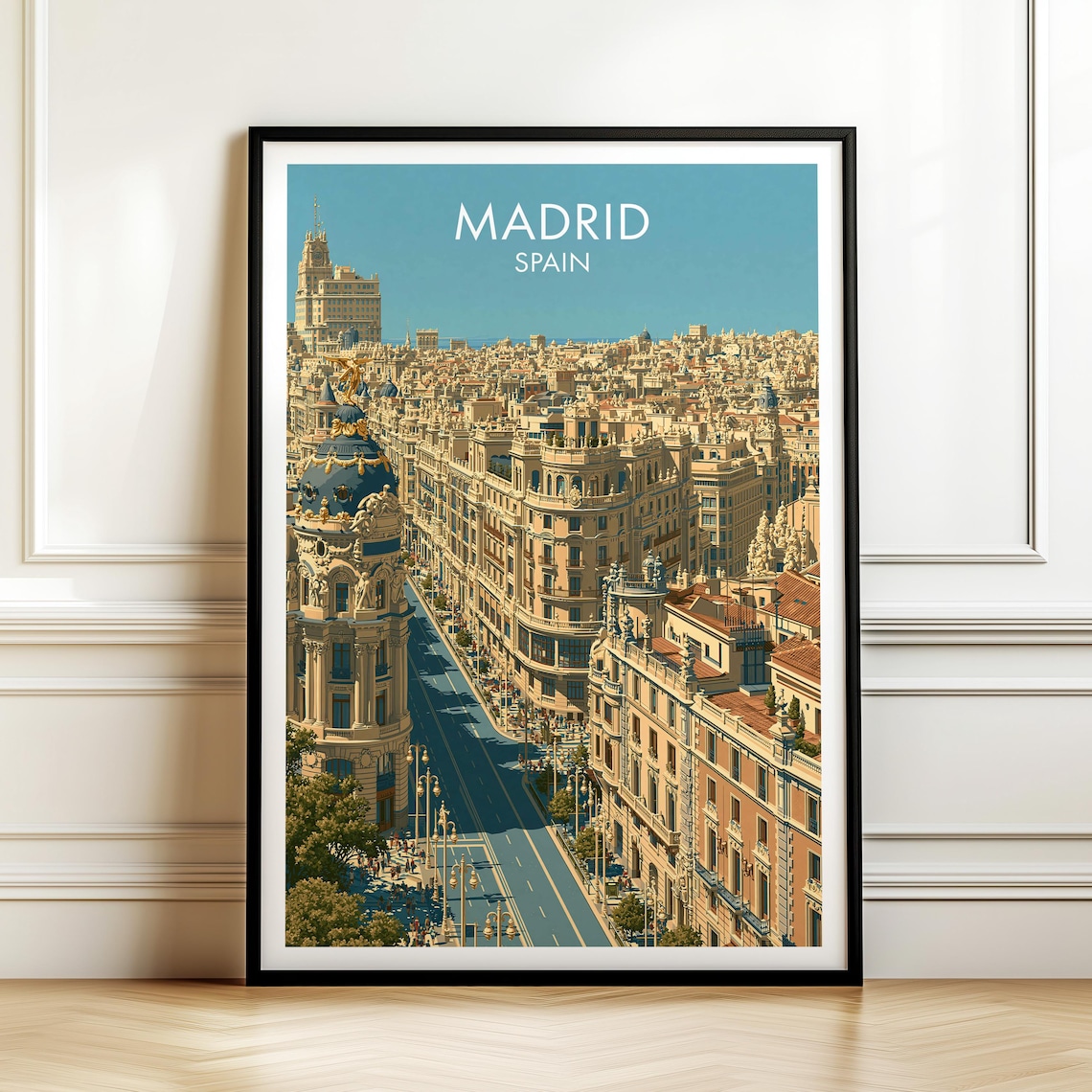 Madrid Spain Vintage Travel Poster with Gran Via Streetscape and Domes