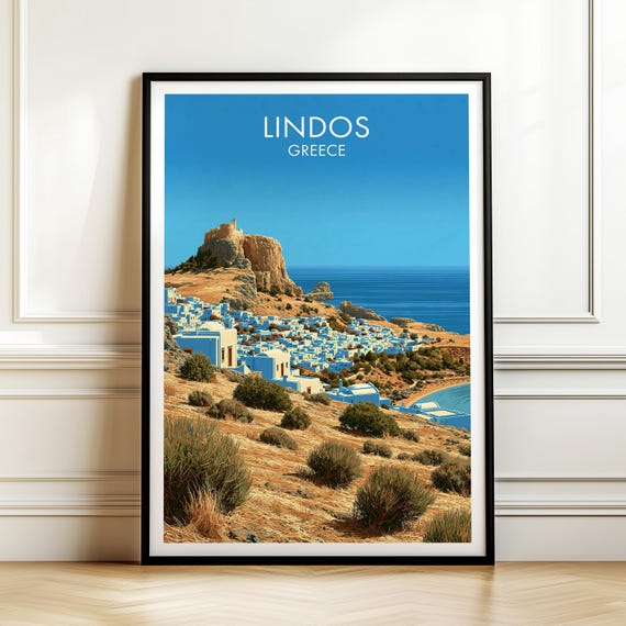 Lindos Greece Travel Poster Vintage Europe Cityscape Wall Art Print For Home Decor