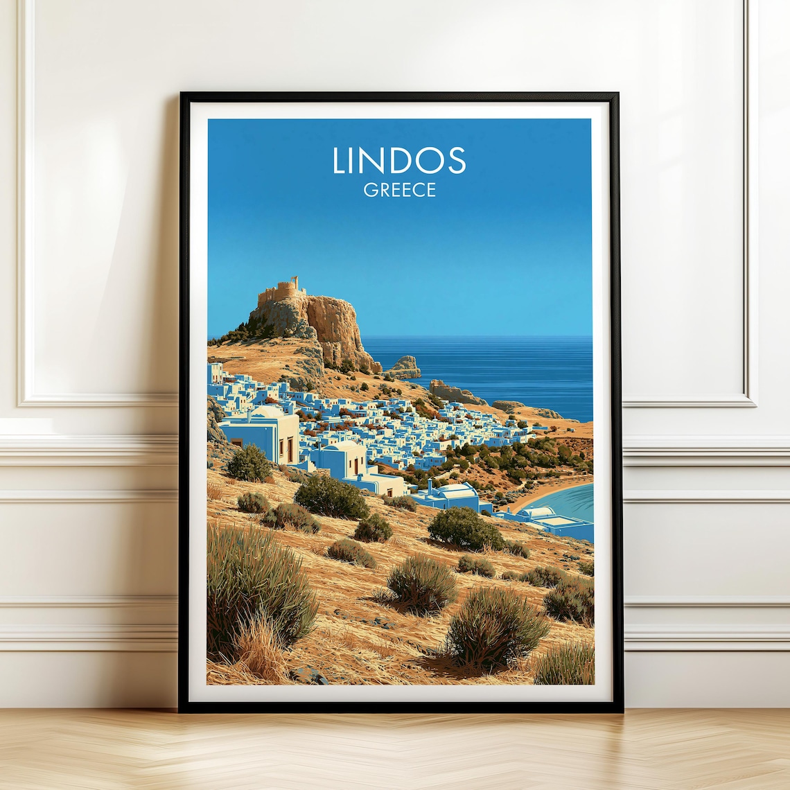 Lindos Greece Vintage Travel Acropolis Village Sea View Poster