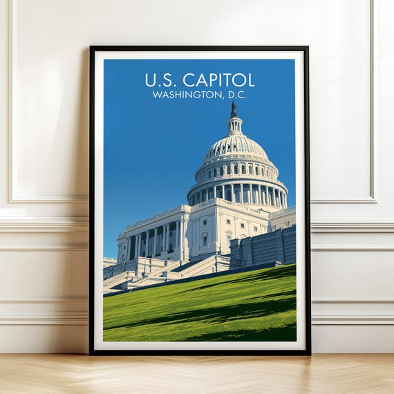 Us Capitol Washington Dc Poster Vintage Travel Wall Art Decor Usa Cityscape Print