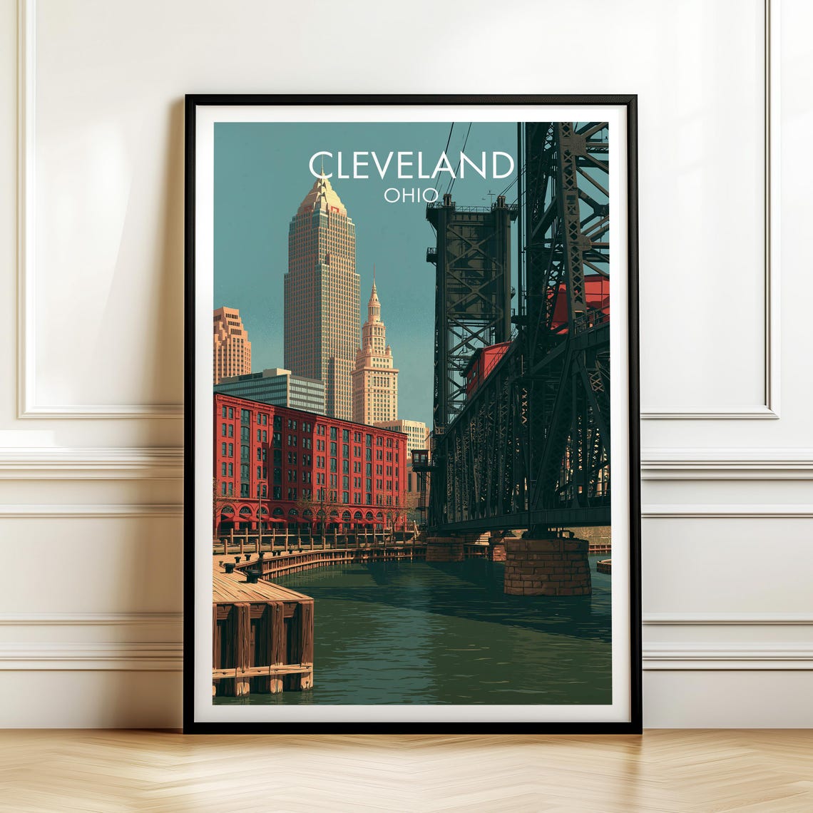 Cleveland Ohio Skyline River Bridge Vintage Travel Wall Poster
