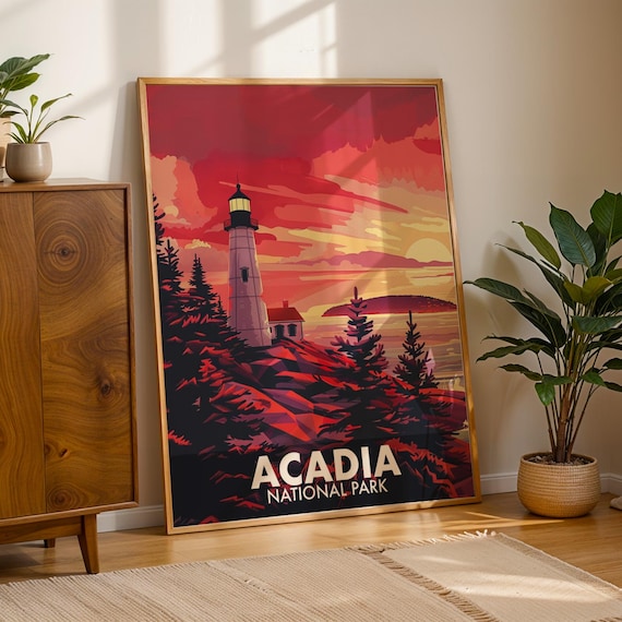 Acadia National Park Poster Vintage Lighthouse Sunset Coastal Scenic Art