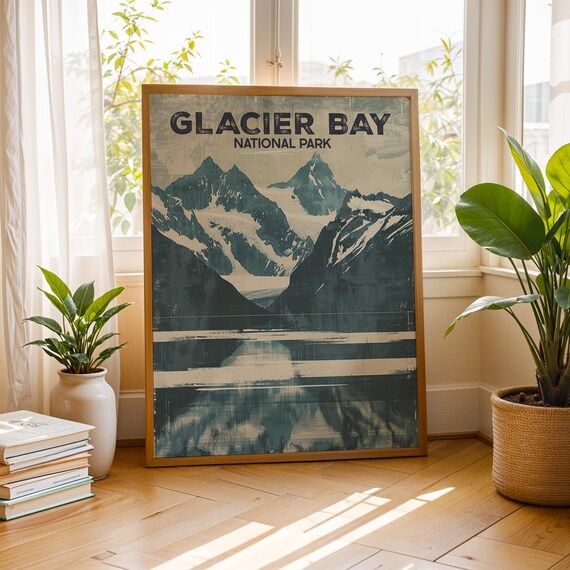 Glacier Bay National Park Vintage Snowy Peaks over Still Water Art Poster