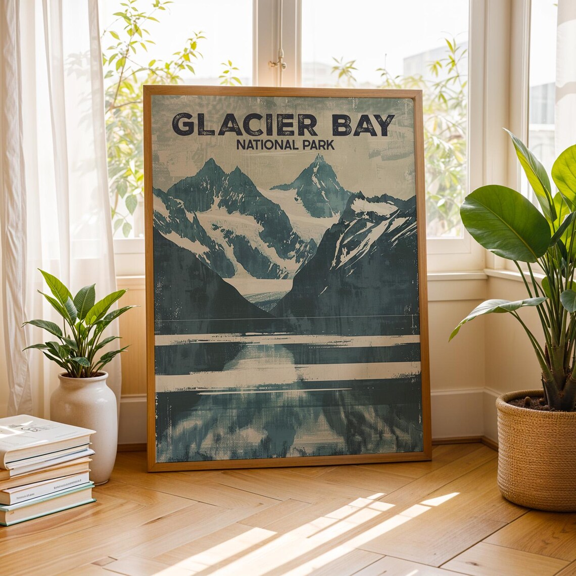 Glacier Bay National Park Vintage Snowy Peaks over Still Water Art Poster