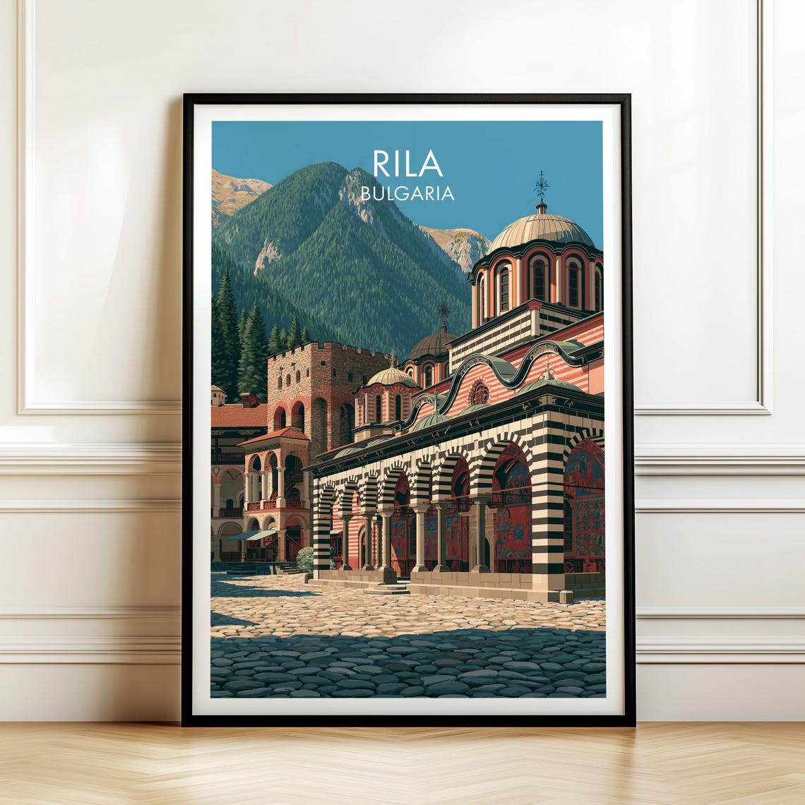 Rila Monastery Bulgaria Mountain Courtyard Vintage Travel Poster