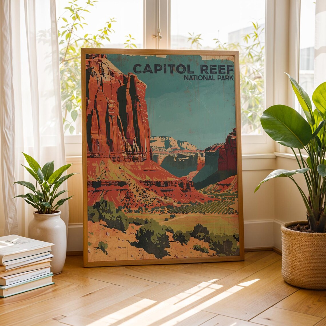 Capitol Reef National Park Vintage Red Cliff Desert Scene Travel Art Poster