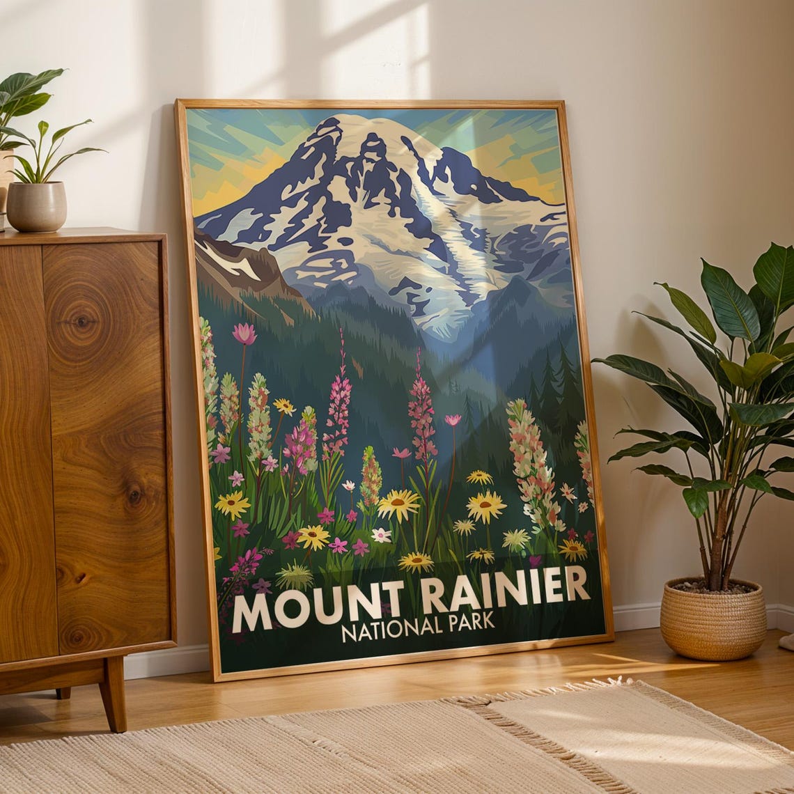 Mount Rainier National Park Wildflower Meadow Snowy Peak Poster