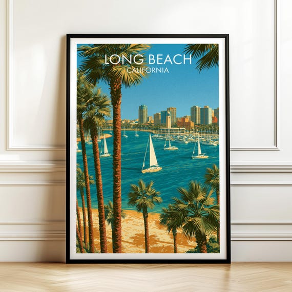 Long Beach California Poster Vintage Usa Cityscape Travel Wall Art American Landmark Print Americana Decor