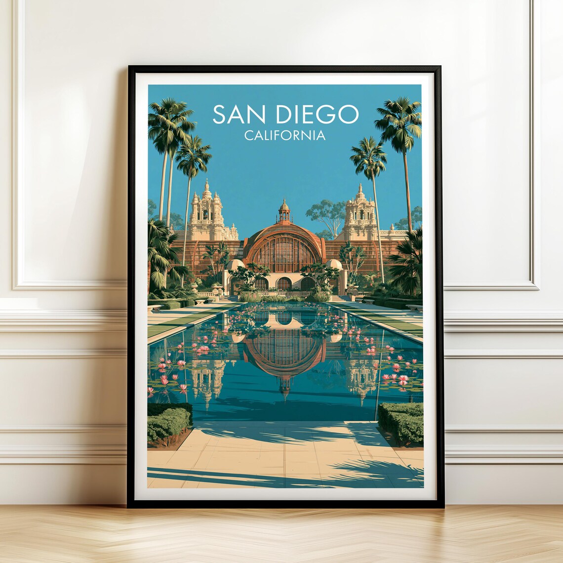 San Diego California Balboa Park Lily Pond Vintage Travel Art Poster