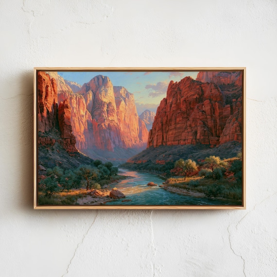 Red Rock Canyon River Sunset Desert Landscape Painting Art Poster