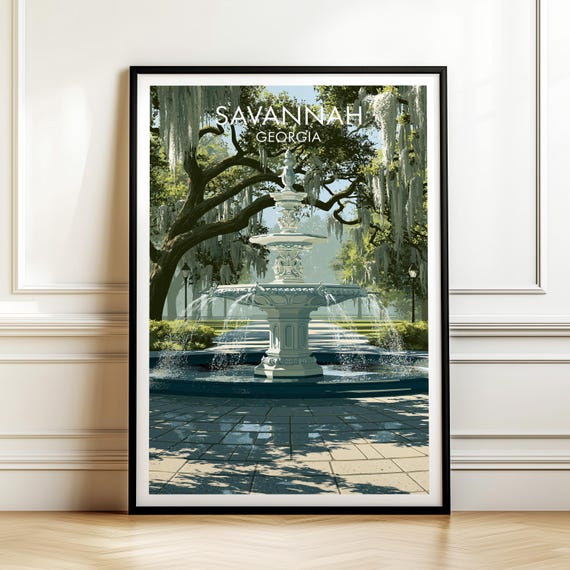 Forsyth Park Savannah Georgia Poster Vintage Travel Wall Art Decor Usa Cityscape Print