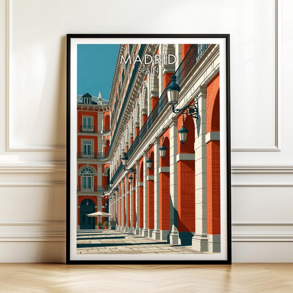 Plaza Mayor Madrid Spain Poster Vintage Europe Travel Wall Art Cityscape Print European Vacation Decor Gift