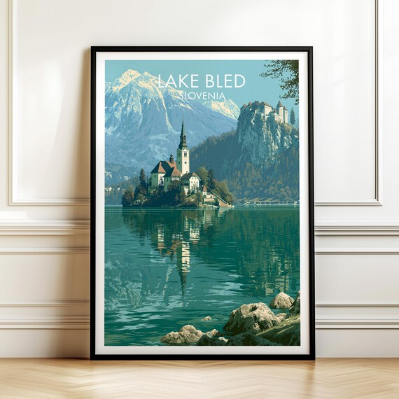 Lake Bled Slovenia Vintage Travel Island Church Mountain Poster