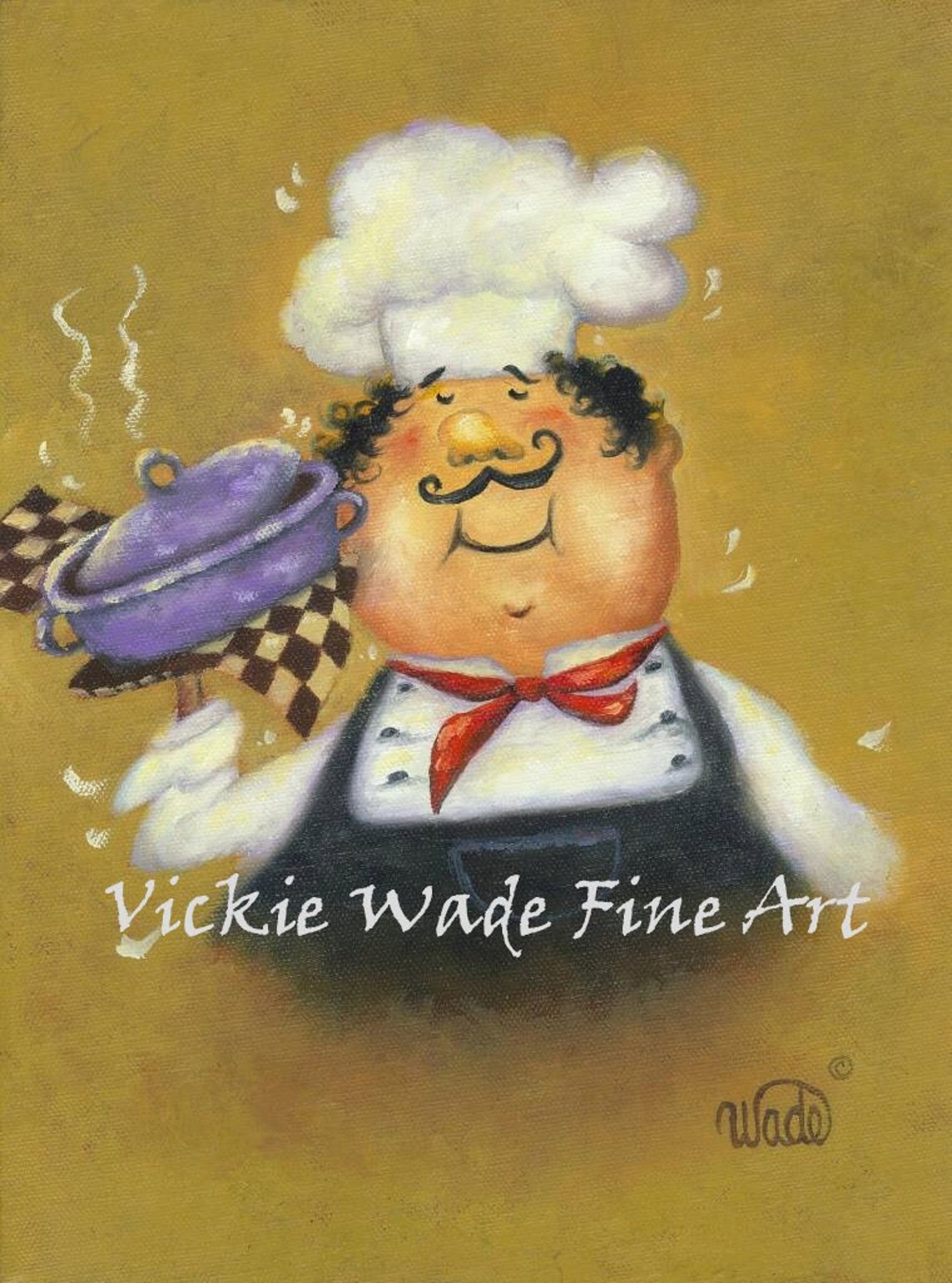 Whimsical Fat Chef Holding a Purple Pot in the Kitchen Poster