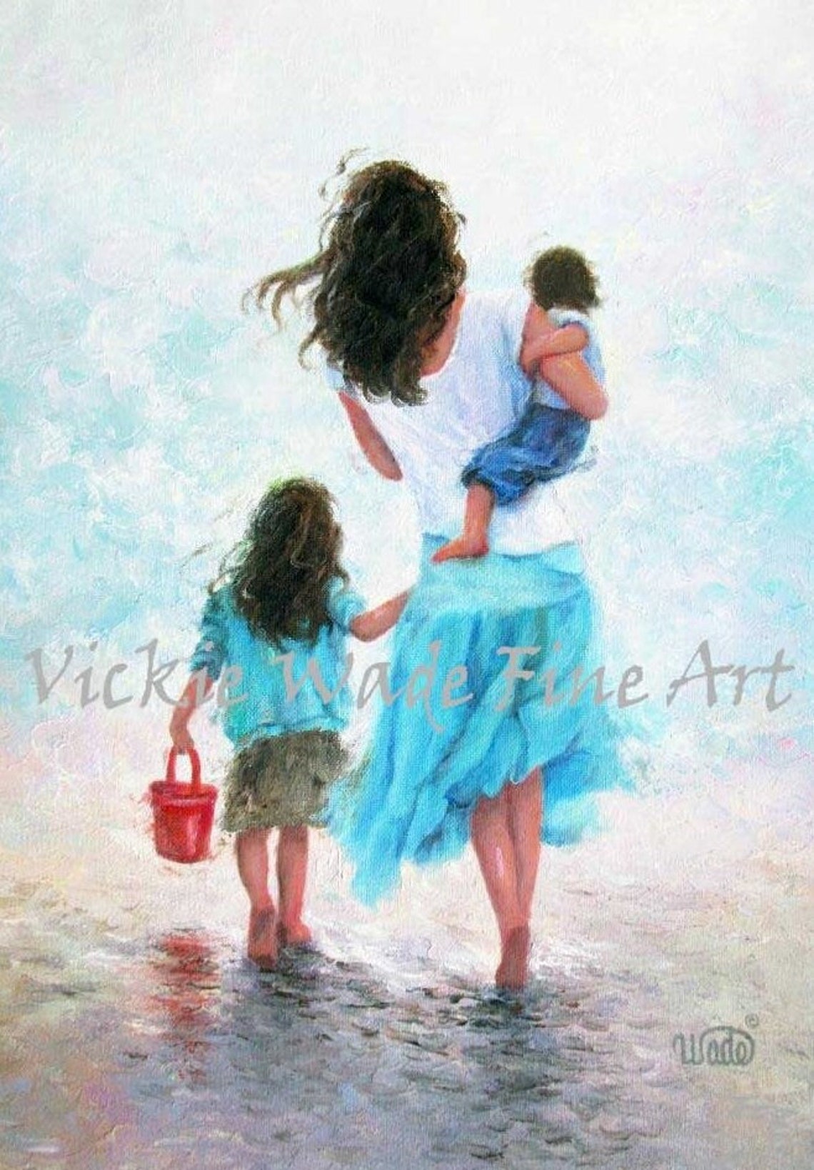 Mother and Two Children Walking the Shoreline at Low Tide Poster