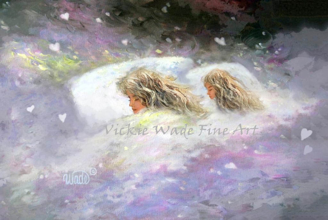 Sleeping Mother and Daughter Floating in Dreamy Clouds Art Print