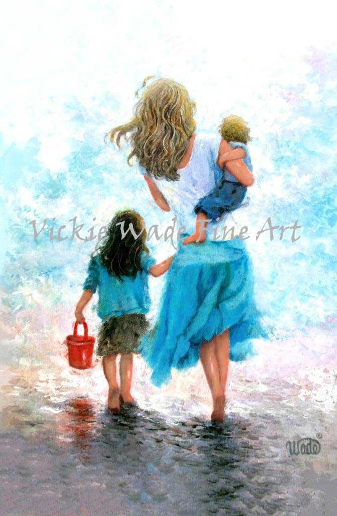 Mother Art Print Beach Mother Wall Art Mother Painting Mom Beach Art Beach Mom Blue Big Sister Little Brother Vickie Wade Art