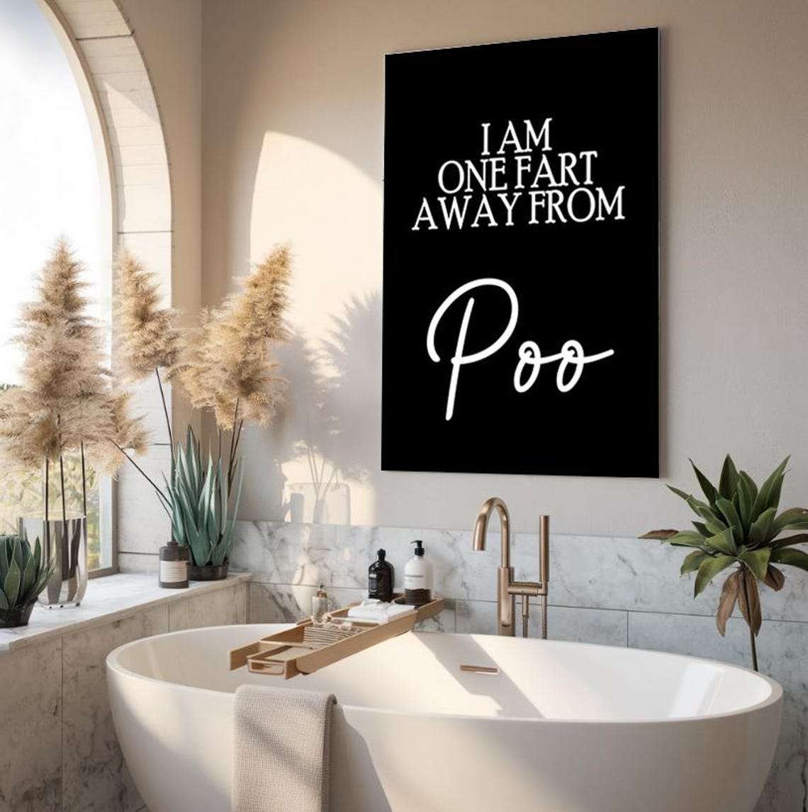 One Fart Away From Poo Funny Bathroom Black And White Poster - Image 2