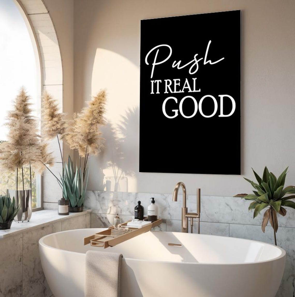 Push It Real Good White On Black Bathroom Quote Typography Poster - Image 3
