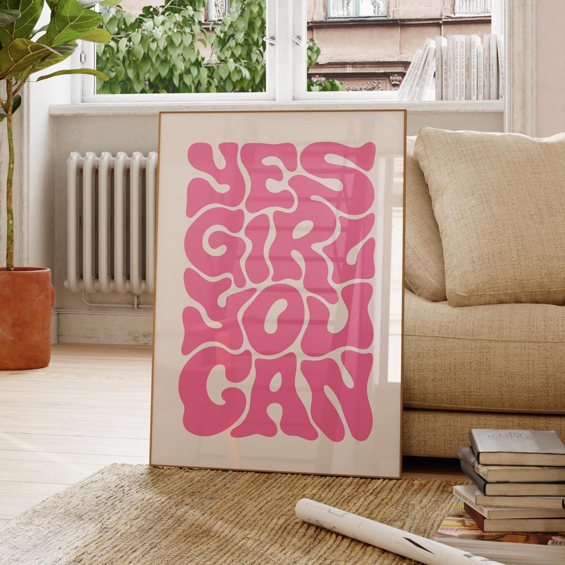 Yes Girl You Can Pink Wavy Retro Typography Empowering Quote Poster