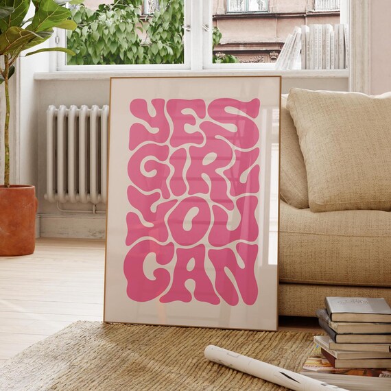 Yes Girl You Can Pink Typography Wall Art Retro Boho Poster Motivational Quote For Boss Decor