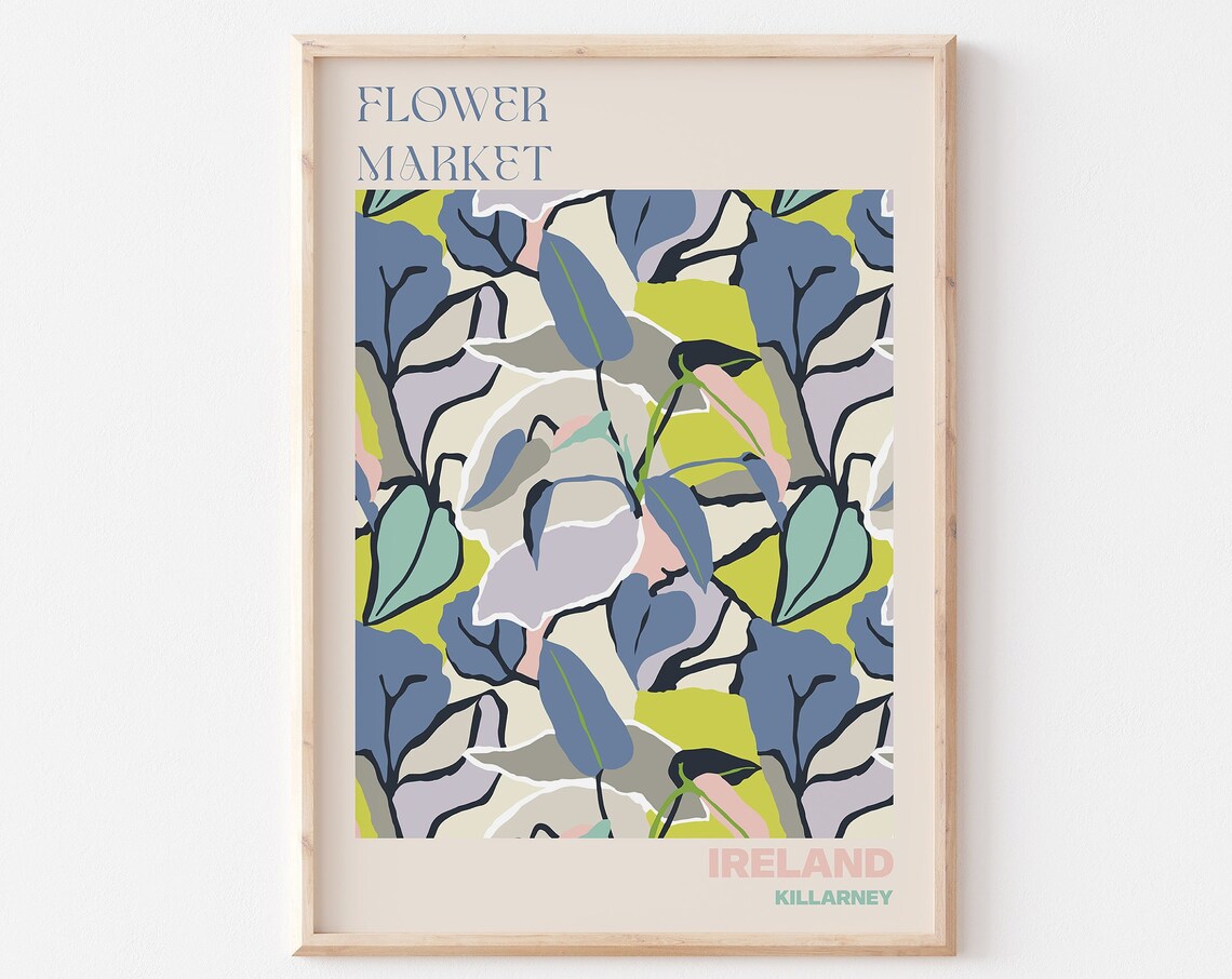 Ireland Killarney Flower Market Blue Green Abstract Leaf Art Poster