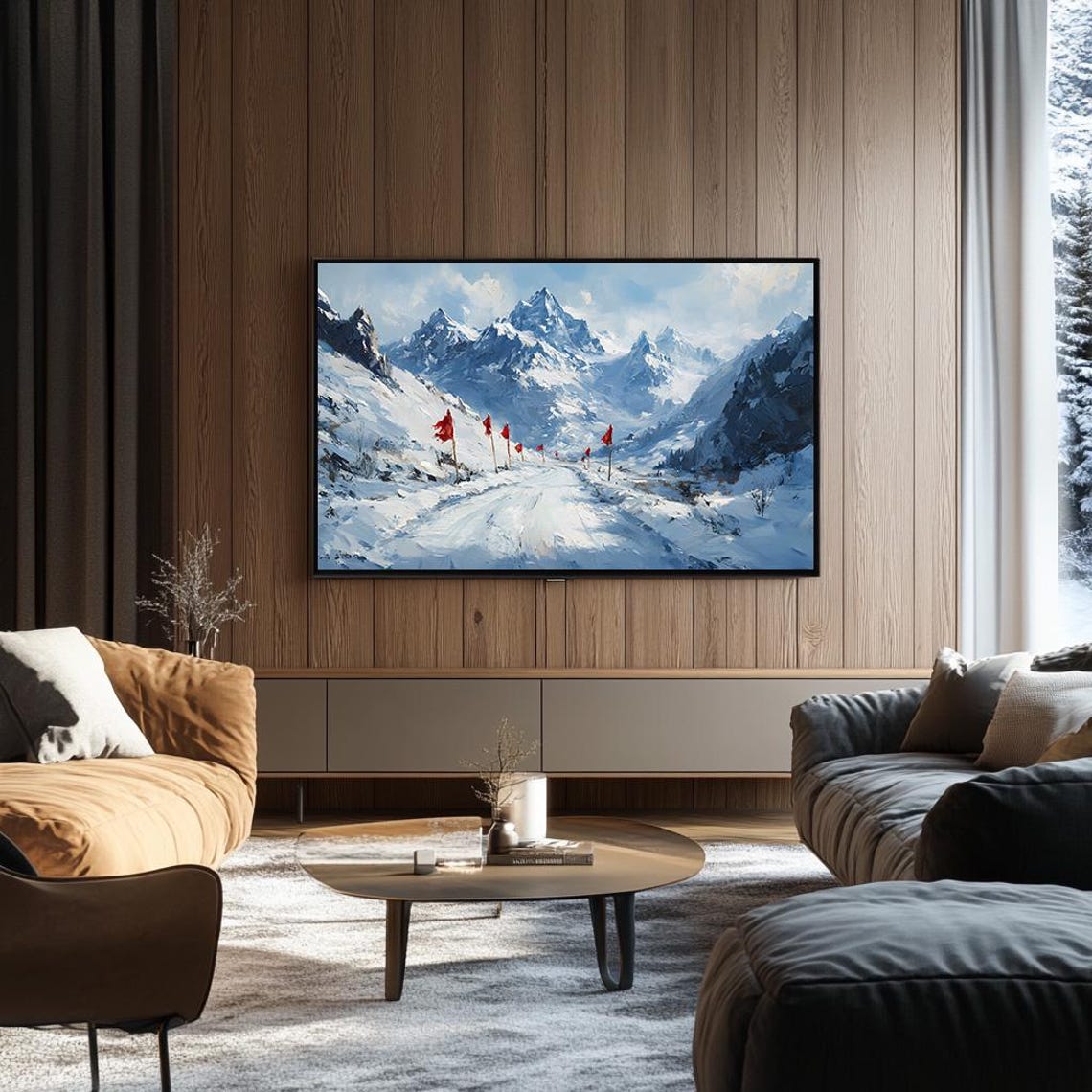 Snowy Mountain Valley Road Lined with Red Banners Art Poster - Image 3