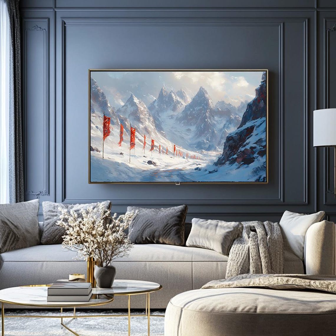 Red Banners on a Snowy Mountain Pass Japanese Winter Art Poster - Image 2