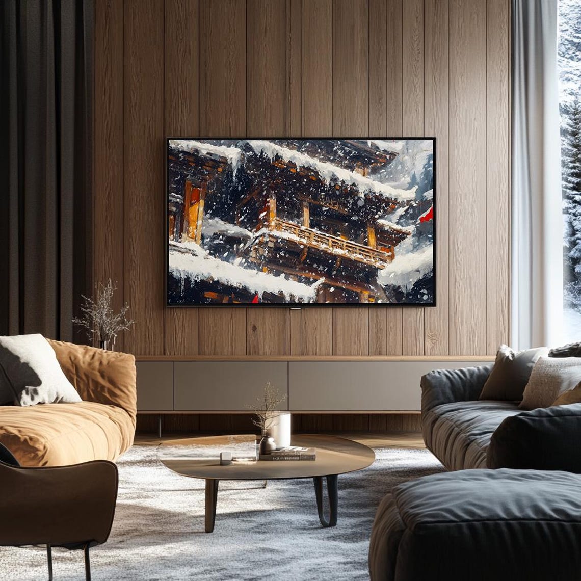 Snowy Temple Rooftops in Heavy Winter Snow Japanese Art Poster - Image 3