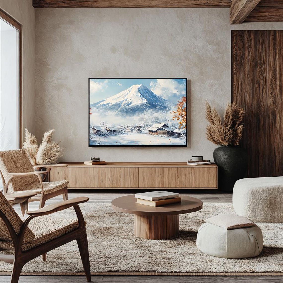 Snow Capped Mount Fuji Over a Winter Village Japanese Peak Poster - Image 4