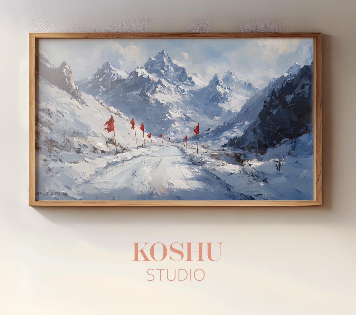 Snowy Mountain Valley Road Lined with Red Banners Art Poster