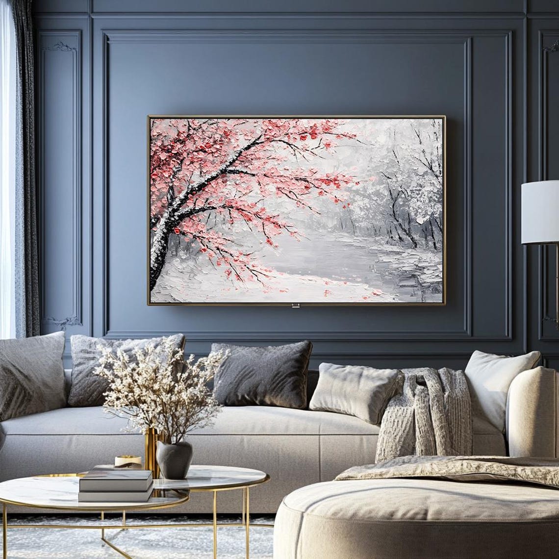 Cherry Blossom Branch Over a Snowy River Japanese Art Poster - Image 2