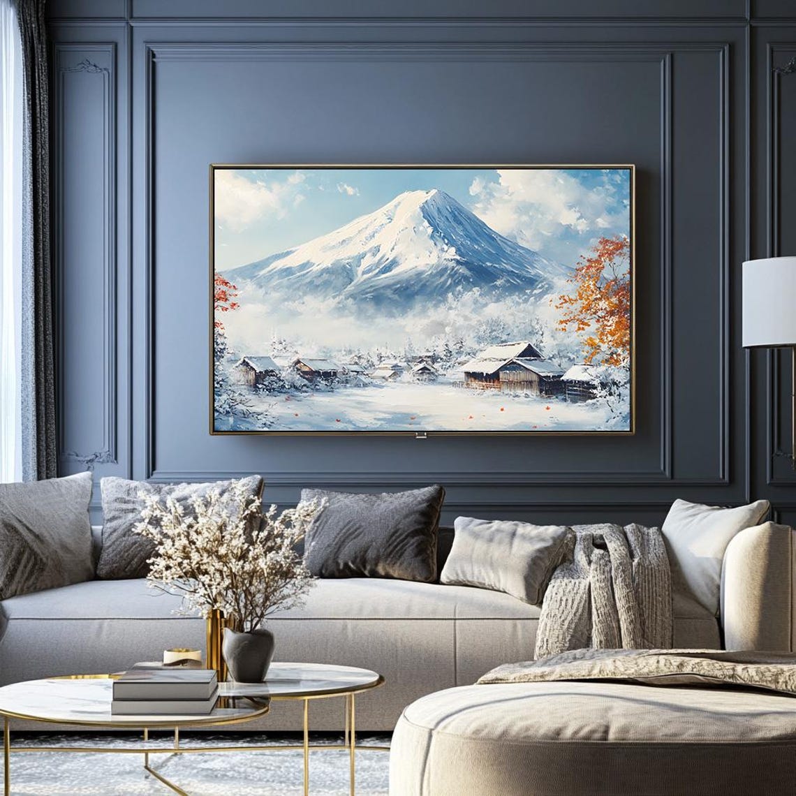 Snow Capped Mount Fuji Over a Winter Village Japanese Peak Poster - Image 2